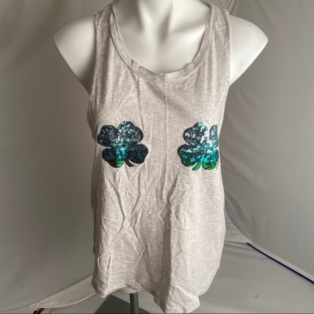 Victoria’s Secret PINK blingy shamrock heather gray with green sequins top
